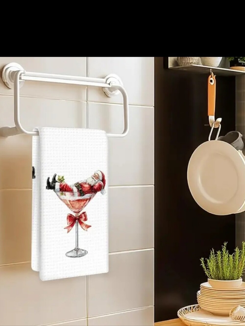 2 Pc Set Kitchen Towels with Festive Santa Cocktail Design - White